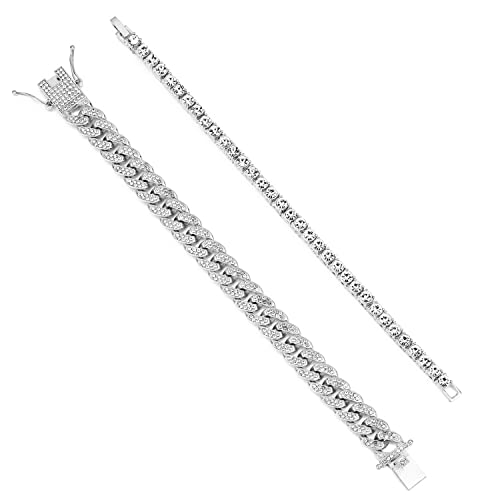 HH BLING EMPIRE 14K Gold and Silver Bracelets Diamond Tennis and Cuban Link Bracelet for Men Women Hip Hop Jewelry - color: Set A-Silver, size: 8.5"