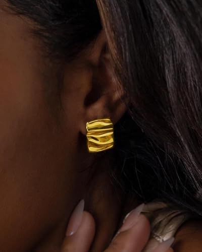 Gold Chunky Earrings for Women Trendy, 14K Gold Plated Dainty Kont Earrings Statement Minimalist Hypoallergenic Stud Earrings - color: Aimran & Gold