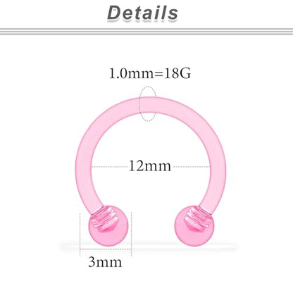18G 16G 14G Plastic Septum Rings Flexible Lip Rings Hoops Septum Nose Rings Smiley Piercings Acrylic Horseshoes Cartilage Helix Rook Daith Earrings Piercing Retainer for Work 8mm 10mm 12mm - color: 18G-Dia:12mm