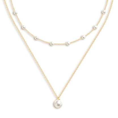 OGD Gold Pearl Necklace Set for Women 14K Plated Layered Daisy Choker Gift - color: Gold Pearl Necklace-2PCS