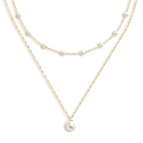 OGD Gold Pearl Necklace Set for Women 14K Plated Layered Daisy Choker Gift - color: Gold Pearl Necklace-2PCS