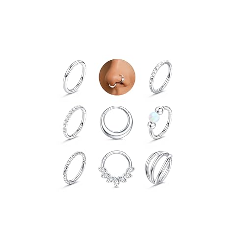 LOLIAS Septum Nose Rings Hoops - 316L Surgical Steel Septum Rings CZ Opal Silver 14K Gold Plated Hoop Nose Ring for Women 16G/18G Clicker Cartilage Earring Conch Daith Nostril Piercing Jewelry 8mm/10mm 8Pcs - color: Silver, size: 16G 8MM