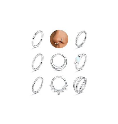 LOLIAS Septum Nose Rings Hoops - 316L Surgical Steel Septum Rings CZ Opal Silver 14K Gold Plated Hoop Nose Ring for Women 16G/18G Clicker Cartilage Earring Conch Daith Nostril Piercing Jewelry 8mm/10mm 8Pcs - color: Silver, size: 16G 8MM
