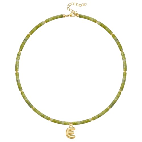 KELORIS PATH Beaded Initial Necklace for Women, 14K Gilded Plated Bubble Letter Pendant Natural Handmade Stone Choker Boho Colorful Summer Beach Jewelry Gift - color: Green Aventurine, style: Letter E