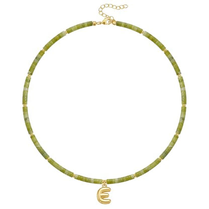 KELORIS PATH Beaded Initial Necklace for Women, 14K Gilded Plated Bubble Letter Pendant Natural Handmade Stone Choker Boho Colorful Summer Beach Jewelry Gift - color: Green Aventurine, style: Letter E