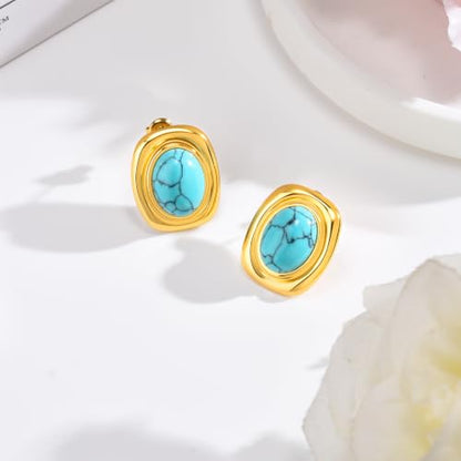 Chunky Gold Stud Earrings for Women 18K Gold Plated Hypoallergenic Chunky Statement Earrings Big Natural Crystal Stone Earring Gift for Women - color: Turquoise