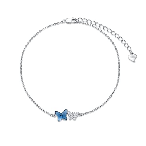 925 Sterling Silver Anklet Foot Bracelet with Crystal from Austria, Anklet Jewelry Gifts for Women 11 Inch Adjustable - style: C-Butterfly