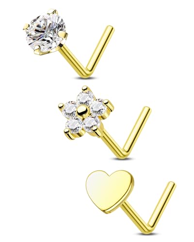 3PCS Titanium Flower Nose Rings Studs 20G, 6.5mm L-Shaped Nose Piercing Jewelry Set - Hypoallergenic Surgical Steel Heart L Bend Nostril Stud for Women Men - color: 3PCS-Gold
