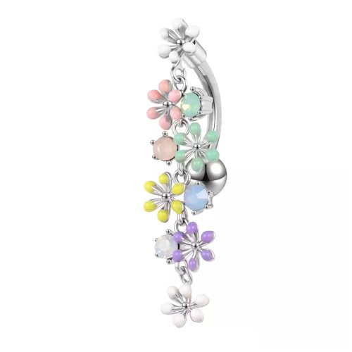 Colorful Daisy Flower Belly Button Ring 316L Surgical Stainless Steel CZ Cute Enamel Flowers Dangle Navel Belly Rings Dainty Body Piercing Jewelry Gifts for Women 14G - color: Silver