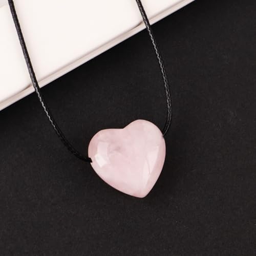 weryerker Natural Gemstone Heart Pendant Necklace Healing Crystal Heart Charm Necklace Adjustable Waxed Black Rope for Women - color: Rose Quartz
