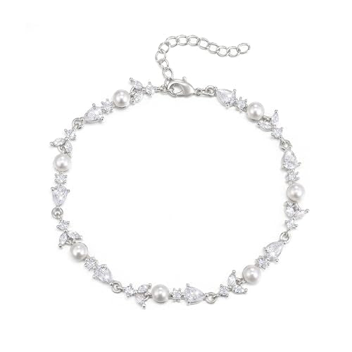 EVER FAITH Gorgeous Cubic Zirconia Pearl Wedding Link Bracelet for Bride | Marquise Teardrop Crystal Bridal Prom Jewelry, for Women Bridesmaids - style: Drop_Clear Silver-Tone
