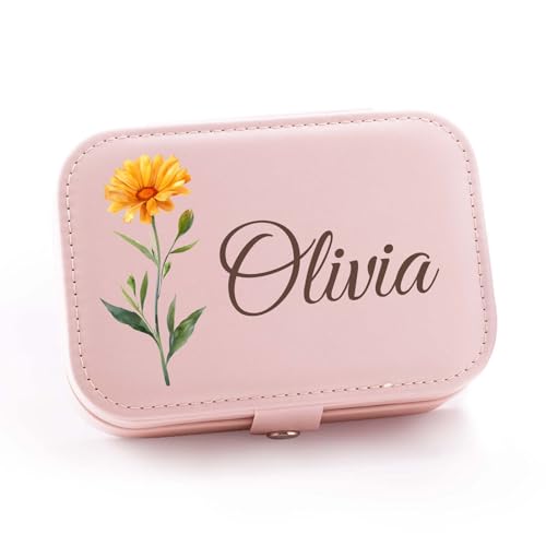 Personalized Jewelry Box Gifts for Women Custom Travel Jewelry Case Organization Leather Customized Birthday Anniversary Bridesmaid Gifts - color: 008-Pink/White-Flower