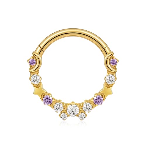 Celestial Titanium Hoop Collection - 16G 8mm/6mm ASTM F136 Titanium Star & Moon Daith, Cartilage, Septum Piercing Jewelry - Seamless Hinged Clicker Hoops - color: Star and Moon - Gold, size: 16G(1.2mm), 5/16"(8mm)