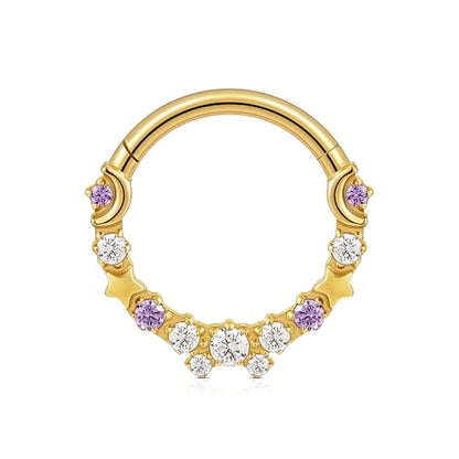 Celestial Titanium Hoop Collection - 16G 8mm/6mm ASTM F136 Titanium Star & Moon Daith, Cartilage, Septum Piercing Jewelry - Seamless Hinged Clicker Hoops - color: Star and Moon - Gold, size: 16G(1.2mm), 5/16"(8mm)