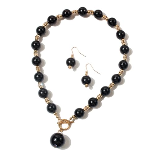XAM 2PCS/set Large Simulated Pearl Necklace and Stud Earring for Women Brides Chunky Pearl Retro Costume Necklace Set Statement Wedding Jewelry 1920s Costume Jewelry Set - color: Black