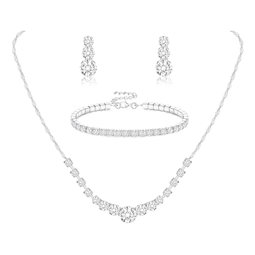 Jstyle Silver Jewelry Set for Women Sparkly Crystal Wedding Accessories | Wedding Jewelry Set for Bride Bridesmaids, Rinstone Necklack Bracelet Earring Set, Jewelry Gifts for Prom Party Birthday - color: Silver Plated 2