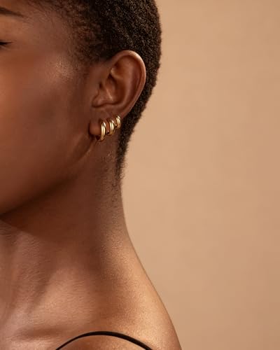 316L Surgical Stainless Steel 3Pairs 14K Gold Plated Hoop Earrings Set for Women Chunky Earring Hypoallergenic Small Huggie Hoops Lightweight Trendy Hoop Earrings Stacks for Multiple Piercing