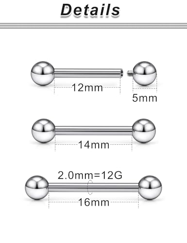 16G 14G 12G Titanium Tongue Rings Nipple Piercings Externally/Internally Threaded G23 Hypaollergenic Nipple Tongue Barbells Piercing Jewelry for Women Men 12mm 14mm 16mm 19mm Bars - style: 12G-12mm 14mm 16mm Bars-Internally Threaded
