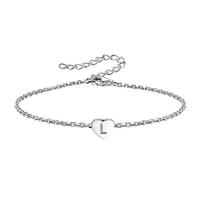 KunBead Initial Engraved Letter Bracelets Dainty Mini Size Heart Love Charm Stainless Steel Bracelets for Women Birthday Jewelry - style: L