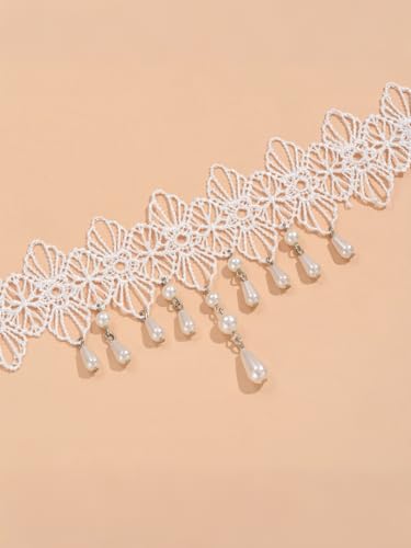 Lace Choker Necklace for Women Tassel Pendant Choker Necklaces Elegant Boho Collar Necklaces Statement Artistic Chain Necklace with Pearl Halloween Party Cosplay Costume Jewelry - color: White Lace Pearl-2