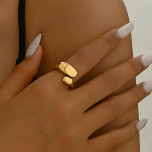 Irregular Polished Plain Rings Adjustable Oval Statement Ring For Women Chunky Open Finger Ring Fashion Minimalist Engagement Promsie Gifts - color: Gold