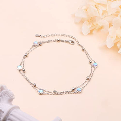 Flyow Anklet for Women S925 Sterling Silver Adjustable Foot Beaded Heart Charm Ankle Bracelet Anklets Jewelry - style: moonstone
