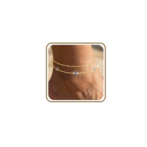 Anklets for Women Waterproof 14K Gold Plated Beach Ankle Bracelets Dainty Summer Bow Clover Heart Evil Eye Anklet Non Tarnish Layered Beach Cz Jewelry Accessories for Women Trendy - color: Gold-Evil Eye
