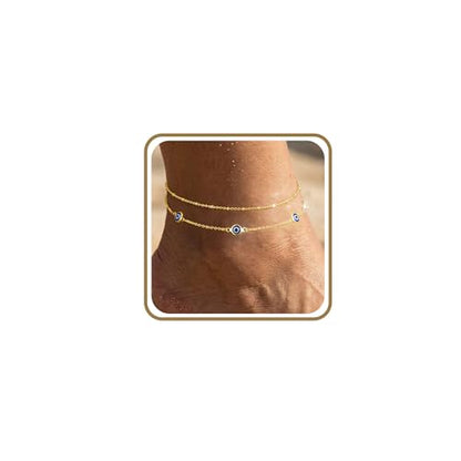 Anklets for Women Waterproof 14K Gold Plated Beach Ankle Bracelets Dainty Summer Bow Clover Heart Evil Eye Anklet Non Tarnish Layered Beach Cz Jewelry Accessories for Women Trendy - color: Gold-Evil Eye