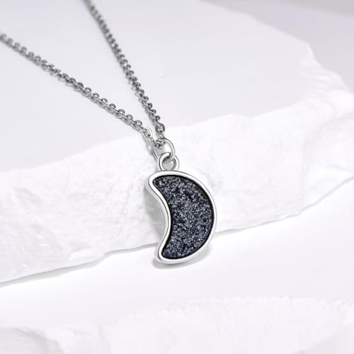 Adabele Natural Druzy Necklace Small Tiny Moon Gemstone Pendant 18 inch Sparkly Agate Stone Crystal Women Jewelry Tarnish Resistant Stainless Steel/Gold Plated Chain - color: Hematite black druzy - stainless steel