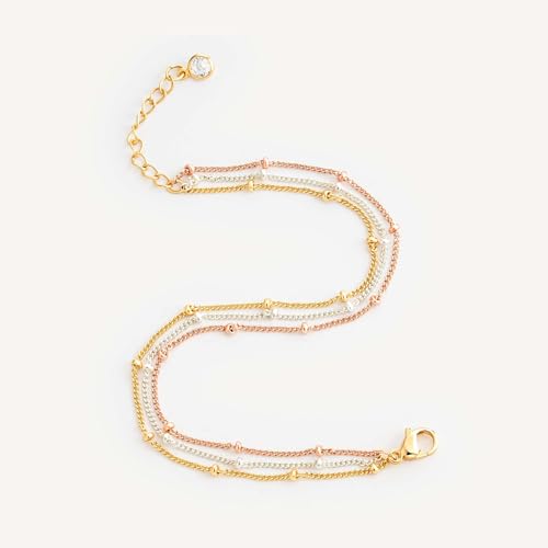 MEVECCO Dainty Chain Bracelets for Women, Layered and Charm Styles | 14K Gold Plated Brass, Select Cubic Zirconia Accents, Single and Multi-Row Structures for Refined Everyday Wristwear - style: Satellite Chain 3 Tone
