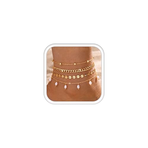 Subiceto Ankle Bracelets for Women Waterproof - 14K Gold Plated Non Tarnish Anklets Set Dainty Stainless Steel Stackable Layered for Beach Summer Jewelry Adjustable - color: 4Pcs Pearl-14K Gold Plated