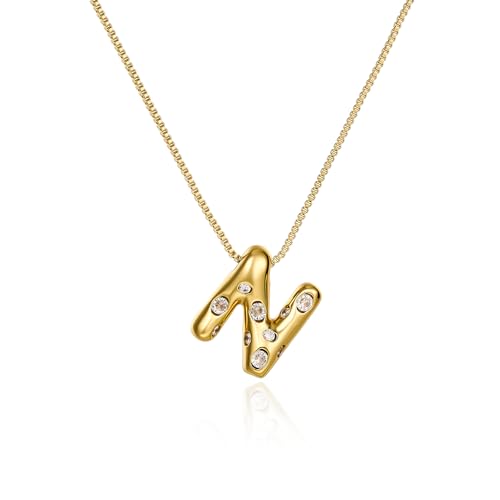 Cicy Bell Initial Necklace for Women 14k Gold Plated | Cubic Zirconia, Trendy, Personalized, Dainty Letter Pendant - color: N-Gold