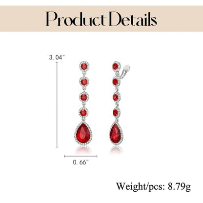 EleQueen Women's Wedding Crystal Teardrop Pear Shape 3 Inch Clip on Long Dangle Earrings for Bride Bridesmaid, Jewelry for Party Prom/Anniversary - color: Red Silver-Tone