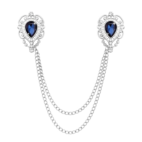 Teardrop Rhinestone Brooch Mens Lapel Pins for Shirt Collar Hanging Chain Brooch Suit Pin Crystal Rhinestone Lapel Pins for Men - color: Blue-J