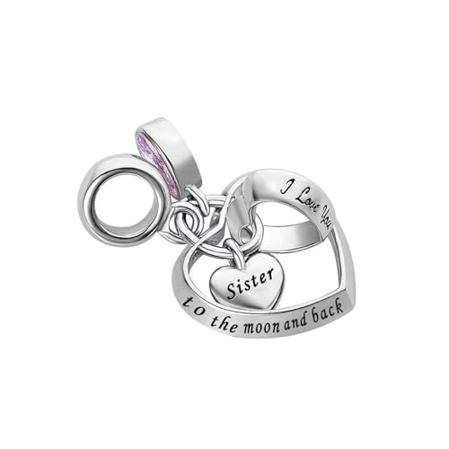 Interlocking Love Heart Dangle Charm fits Pandora Charms Bracelets with Pink Birthstone Cubic Zirconia I Love You to the Moon and Back - style: I Love You to the moon and back Sister
