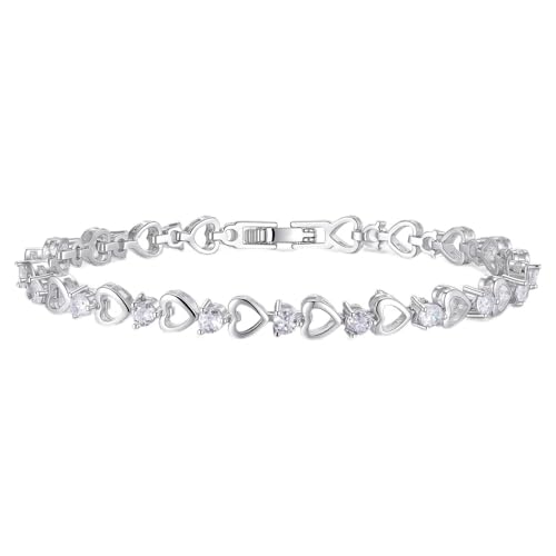 Tennis Bracelet for Women - 14K Gold Plated Heart Cubic Zirconia Bracelet, Dainty Trendy Anniversary Birthday Christmas Jewelry Gift for Her - color: White Gold (6.3-6.8 Inches)