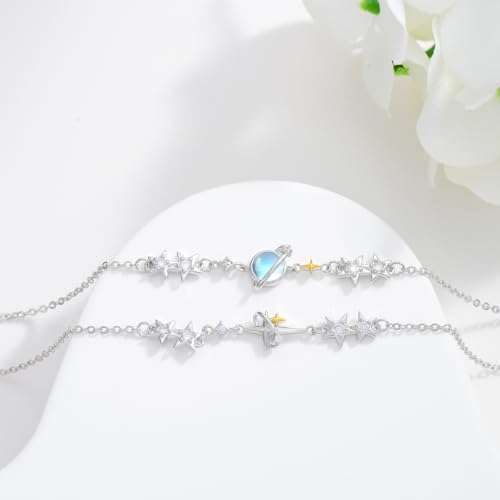 Moonstone Bracelet for Women 925 Sterling Silver Moonstone Bracelet Adjustable Jewelry Gift for Women - style: Stars and Planets Bracelet