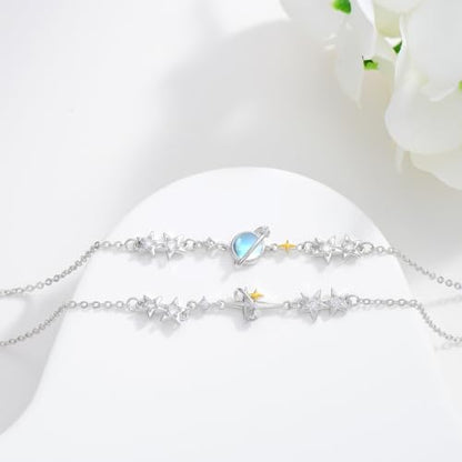 Moonstone Bracelet for Women 925 Sterling Silver Moonstone Bracelet Adjustable Jewelry Gift for Women - style: Stars and Planets Bracelet