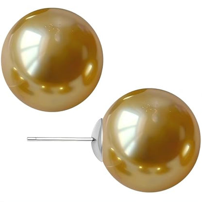 Gold & Brown Faux Pearl Stud Earrings, S925 Silver Posts Hypoallergenic for Women - color: Gold, size: 12mm