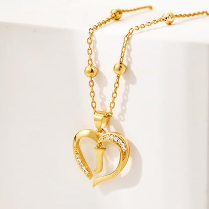Cicy Bell Womens Heart Initial Necklace 18k Gold Plated | Personalized Letter Pendant, 17.7'' with 2'' Extender - color: Style 2-J-Gold