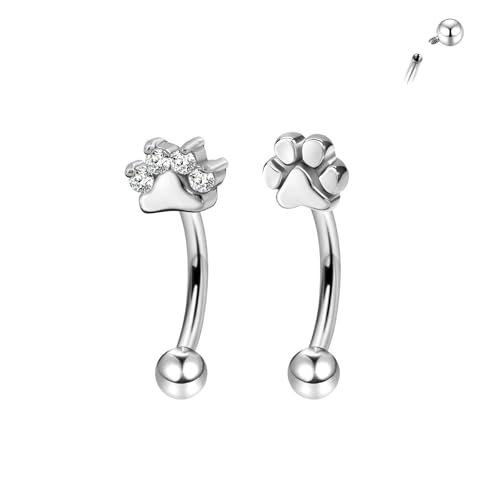 2Pcs Cat Paw Gold Eyebrow Rings Rook Piercing Jewelry 16G 6mm 8mm Threaded Cartilage Tragus Earrings 316L Stainless Steel Paw Prints Vertical Labret Lip Piercing Jewelry - color: Silver, size: 16 gauge(1.2mm)-6mm