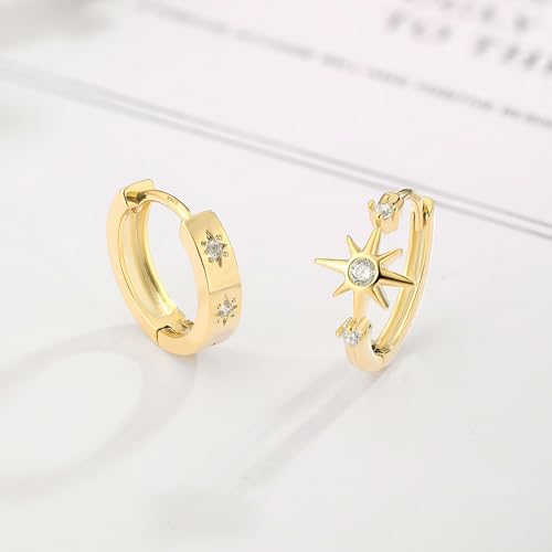 DAILY VIBES Dainty Small Star Huggie Hoop Earrings for Women Trendy | 925 Sterling Silver Post, 14K Gold or Silver Plated, Mini Cubic Zirconia, Cartilage Hoop Earrings - color: Gold Asymmetric Star