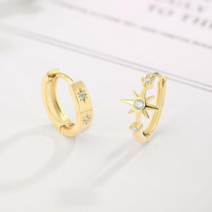 DAILY VIBES Dainty Small Star Huggie Hoop Earrings for Women Trendy | 925 Sterling Silver Post, 14K Gold or Silver Plated, Mini Cubic Zirconia, Cartilage Hoop Earrings - color: Gold Asymmetric Star
