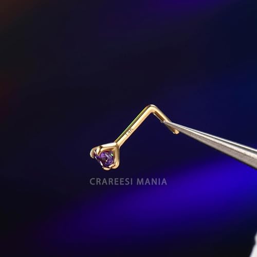 14K Real Gold Nose Studs 20G Nose Rings Studs L Shaped Nose Rings for Women Men Diamond CZ Nose Piercing - color: Yellow Gold-Round PPCZ