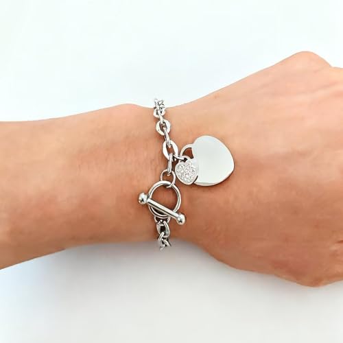 Heart Charm Bracelet Plated 18K Gold/Silver/Rose Gold Bible Scripture Heart Bracelet for Women Jewelry Gift Zircon Her Link Chain OT Clasp Stainless Steel Birthday - color: Silver-Zircon, size: 7.1 inch