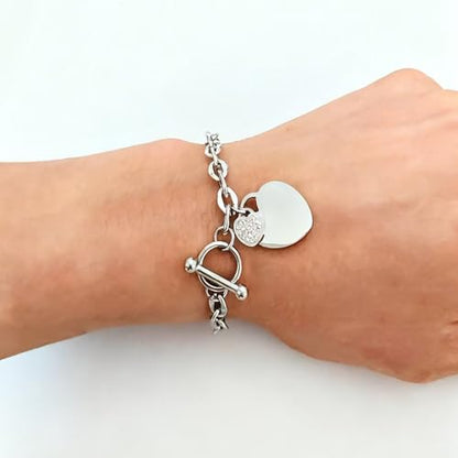 Heart Charm Bracelet Plated 18K Gold/Silver/Rose Gold Bible Scripture Heart Bracelet for Women Jewelry Gift Zircon Her Link Chain OT Clasp Stainless Steel Birthday - color: Silver-Zircon, size: 7.1 inch