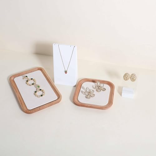 velvet Jewelry organizer tray, Beech wood Jewelry Display Plate, Beige Jewelry Viewing Tray, Jewelry showcase tray for Necklace Bracelet Ring Earring stand holder (Cream-Small, 5.1x 5.1 in) - size: Small