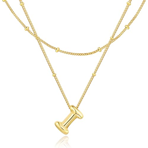 Bubble Letter Necklace for Women, 14k Gold Plated Initial Letter Pendant Necklace Personalized Jewelry A - Z 26 letters - style: Gold-I