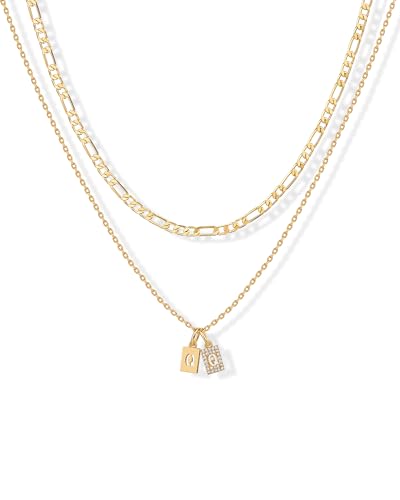PAVOI Initial Necklace for Women, 14K Gold Plated Double Dog Tag CZ Pendant | Dainty Necklace, Letter Tag Necklace, Cubic Zirconia Pendant, Box Chain Necklace - style: - Q