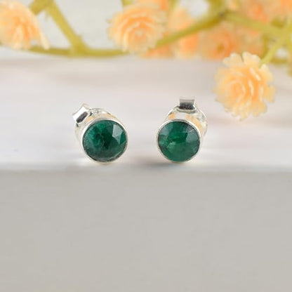 5 MM Natural Gemstone 925 Sterling Silver Hypoallergenic Studs Earrings Jewelry for Women Dainty Trendy Antiqued Silver Birthstone Earrings Jewelry Gifts for Women and Her - color: Emerald